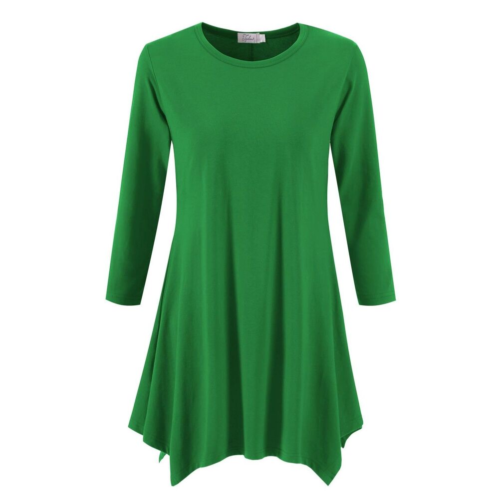 Swing Tunic Tops 3/4 Sleeve Loose Long T-Shirt Dress (Green, Small)
